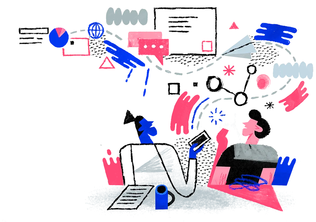 Ilustração de pessoas conectando ideias e criando conteúdo