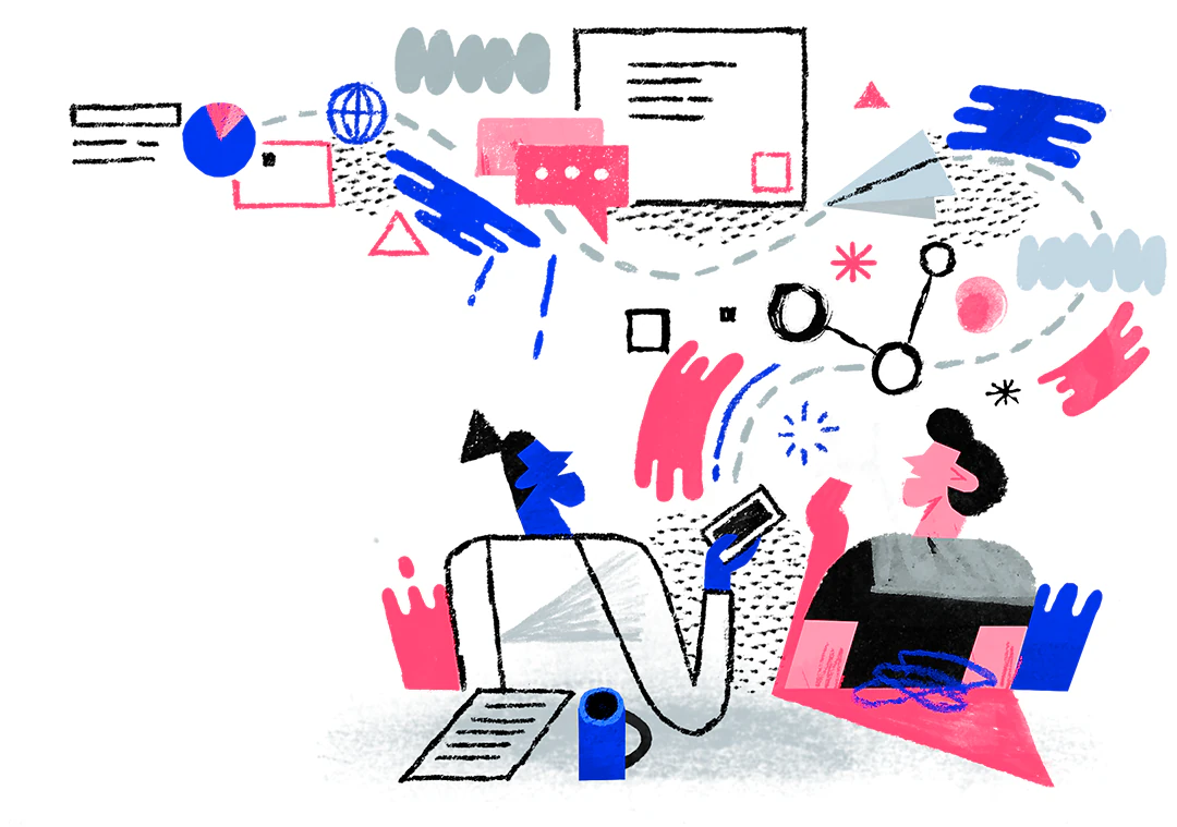 Ilustração de pessoas conectando ideias e criando conteúdo